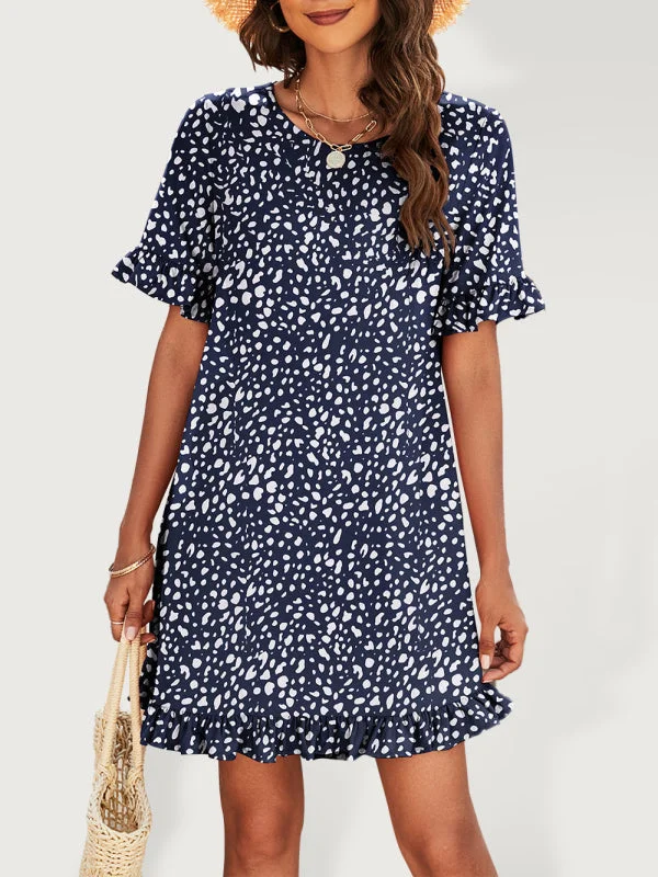 Women's Leopard Print Round Neck Short Sleeve Ruffle Dress Tunics Chic fashionable