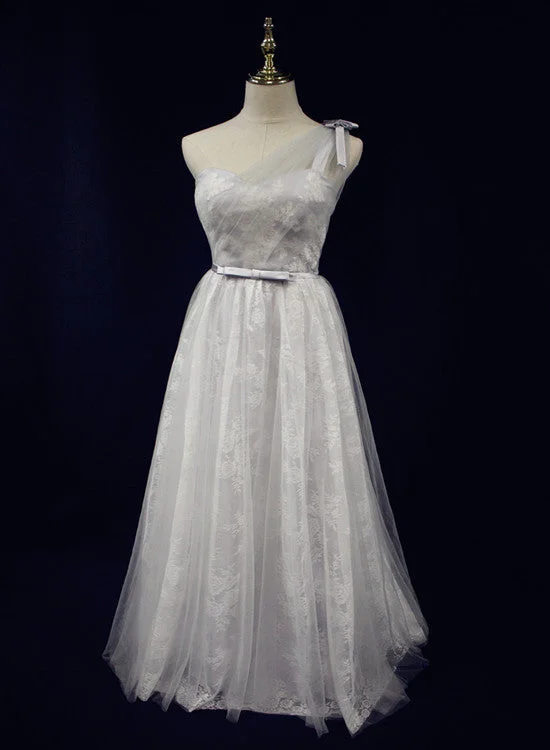 Beautiful Light Grey One Shoulder Lace-up Bridesmaid Dress, Lovely Grey Party Dress Lace Sexy Club Beautiful Light Grey One Shoulder Lace-up Bridesmaid Dress, Lovely Grey Party Dress Lace Sexy Club