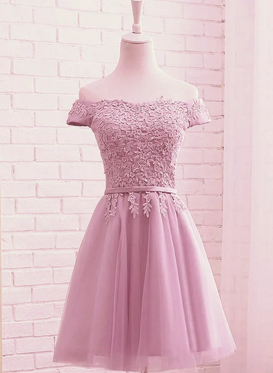 Cute Dark Pink Off Shoulder Tulle Party Dress with Lace Applique, Formal Gown Tunics Chic fashionable Cute Dark Pink Off Shoulder Tulle Party Dress with Lace Applique, Formal Gown Tunics Chic fashionable