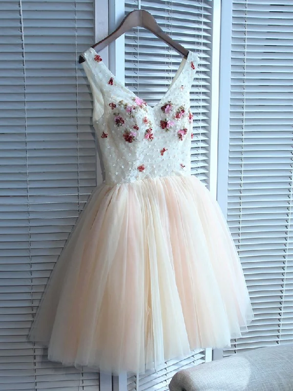 Lovely Tulle V-neckline Tulle Homecoming Dresses, Tulle Pink Cute Party Dress Tunics Denim casual