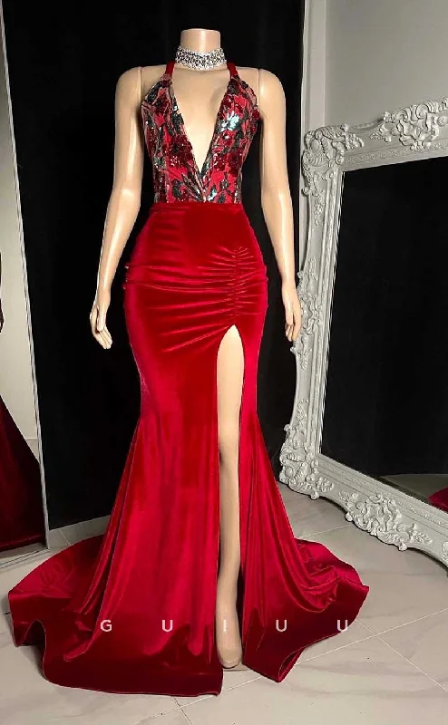 G4563 - Sheath Mermaid Deep V Neck Halter Sequined Red Velet Pleats Prom Party Dress with Slit and Train Sequined Elegant Party G4563 - Sheath Mermaid Deep V Neck Halter Sequined Red Velet Pleats Prom Party Dress with Slit and Train Sequined Elegant Party