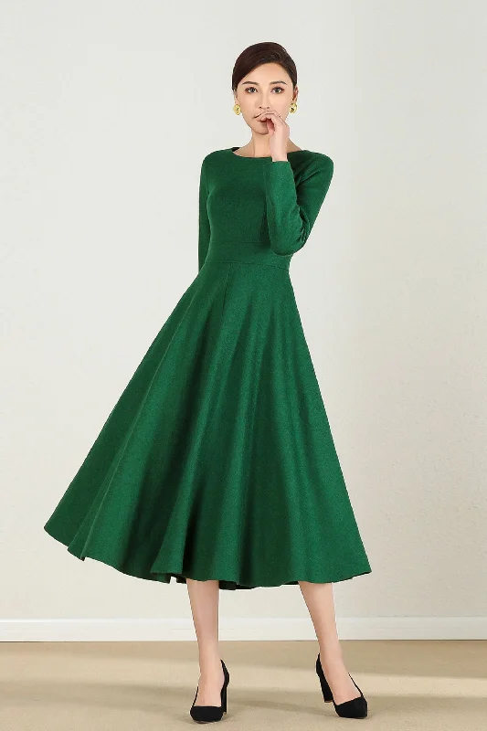 Green Wool Fit & Flare Long Dress Women 2436 Tunics Ceremony elegant