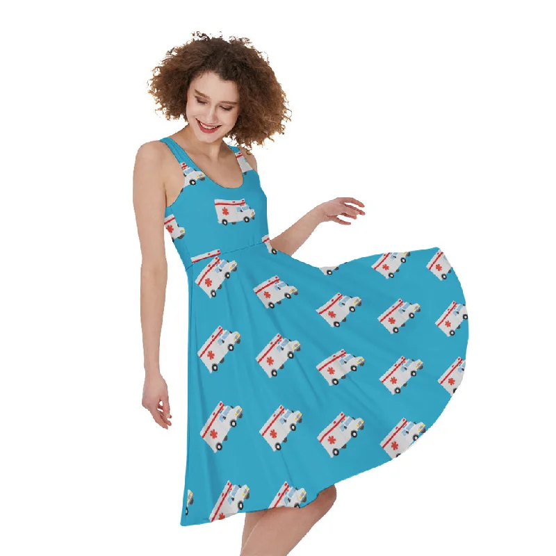 Ambulance Paramedic Car Pattern Print Sleeveless Knee Length Dress Crew Neckline Sporty
