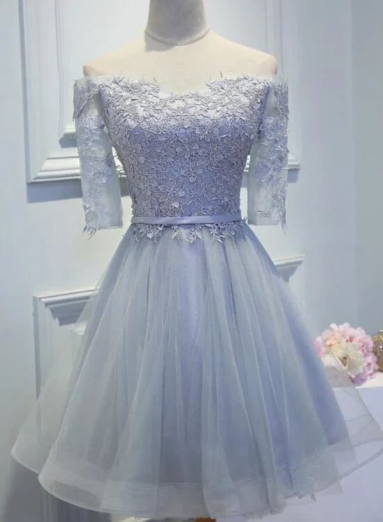 Grey Tulle Lace Homecoming Dresses , Lovely Off Shoulder Party Dresses, Cute Formal Dresses Tunics Floral girly Grey Tulle Lace Homecoming Dresses , Lovely Off Shoulder Party Dresses, Cute Formal Dresses Tunics Floral girly