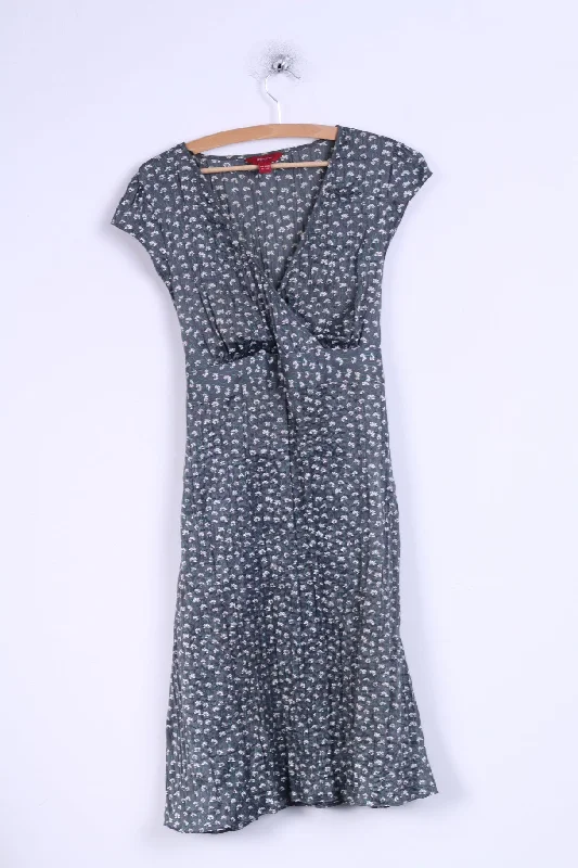 Monsoon Womens 14 42 L Long Dress Grey Flowers Pleated Belted Tunics Business professional