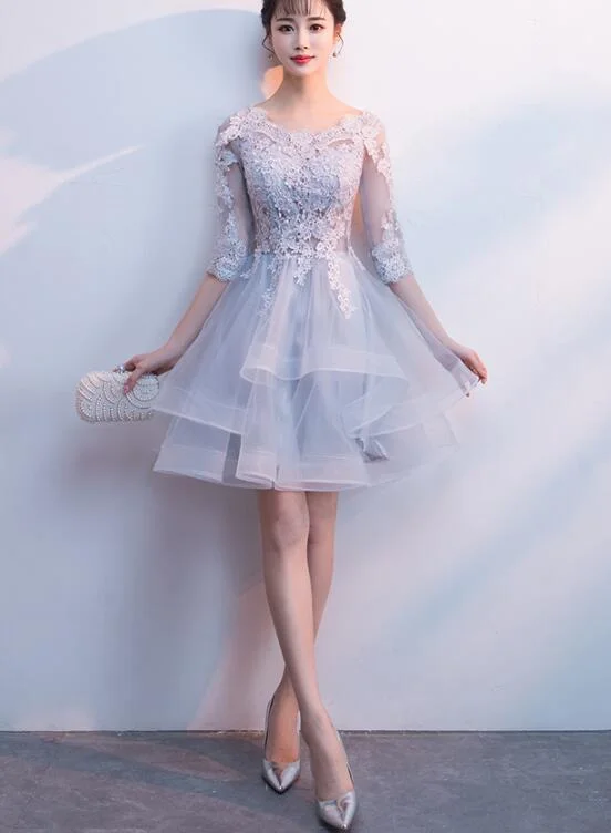 Light Grey Short Sleeves Layer Homecoming Dress, Cute Party Dress Tunics Top Casual