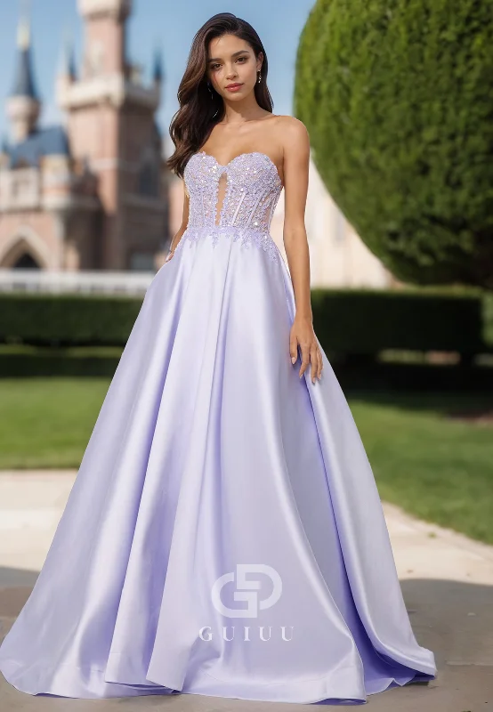 Lilac A-Line Sleeveless Strapless Prom Party Dress with Train A-Line Day Work