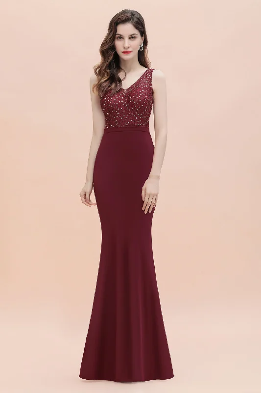 Burgundy V-Neck Mermaid Evening Dress Slim Sequins Party Dress Mermaid Tail Wedding