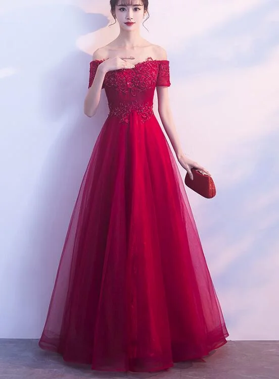 Dark Red Tulle Off Shoulder Elegant Junior Prom Dress, Junior Party Dress, Formal Dress Tunics Versatile functional Dark Red Tulle Off Shoulder Elegant Junior Prom Dress, Junior Party Dress, Formal Dress Tunics Versatile functional