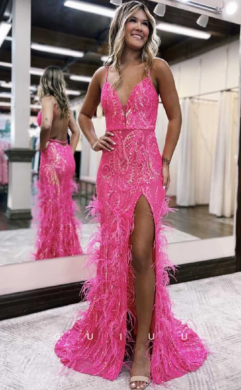 G4623 - Sexy & Hot V Neck Straps Sleeveless High Side Slit Prom Party Dress with Feather for Black Girl Slay Tunics Cozy comfortable G4623 - Sexy & Hot V Neck Straps Sleeveless High Side Slit Prom Party Dress with Feather for Black Girl Slay Tunics Cozy comfortable