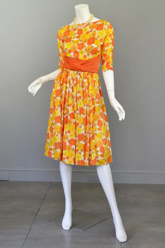1960s Sunshine Yellow and Orange Retro Flower Print Vintage Party Dress Mad Men Tunics Stylish elegant 1960s Sunshine Yellow and Orange Retro Flower Print Vintage Party Dress Mad Men Tunics Stylish elegant