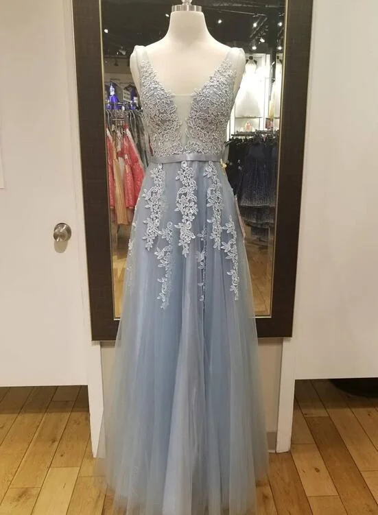 Grey Tulle Prom Gown , V-neckline Tulle Formal Dress, Junior Party Dresses Boat Neckline Classic Grey Tulle Prom Gown , V-neckline Tulle Formal Dress, Junior Party Dresses Boat Neckline Classic