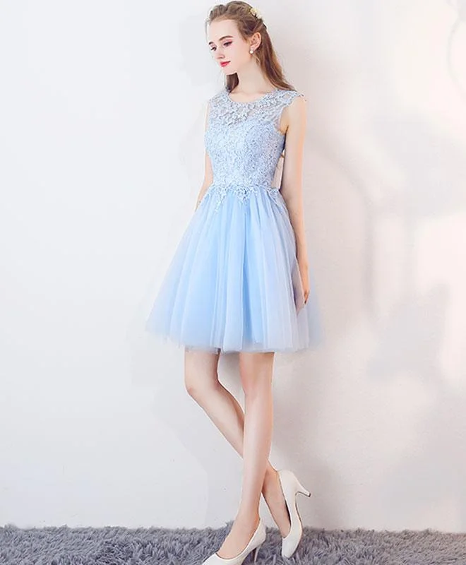 Light Blue Tulle Round Neckline Lace Cute Party Dresses, Short Formal Dress, Graduation Dresses Tunics Spring floral Light Blue Tulle Round Neckline Lace Cute Party Dresses, Short Formal Dress, Graduation Dresses Tunics Spring floral