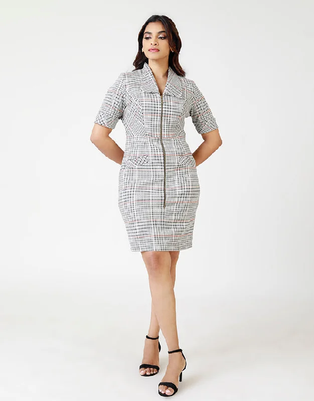 Check Printed Front Zip Dress Crew Neckline Casual