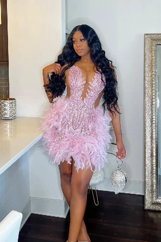 Illusion Deep V Neck Beads Feather Pink Homecoming Dress for Black Women QH2512 Tunics Short Trendy Illusion Deep V Neck Beads Feather Pink Homecoming Dress for Black Women QH2512 Tunics Short Trendy