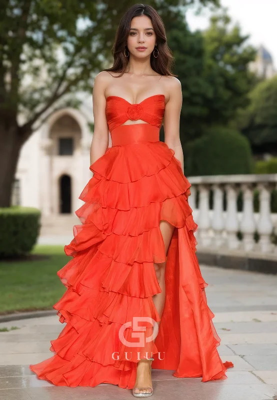 Elegant Sleeveless Strapless Prom Dress with Slit Ruffles Evening Party Dress Tunics Custom made Elegant Sleeveless Strapless Prom Dress with Slit Ruffles Evening Party Dress Tunics Custom made