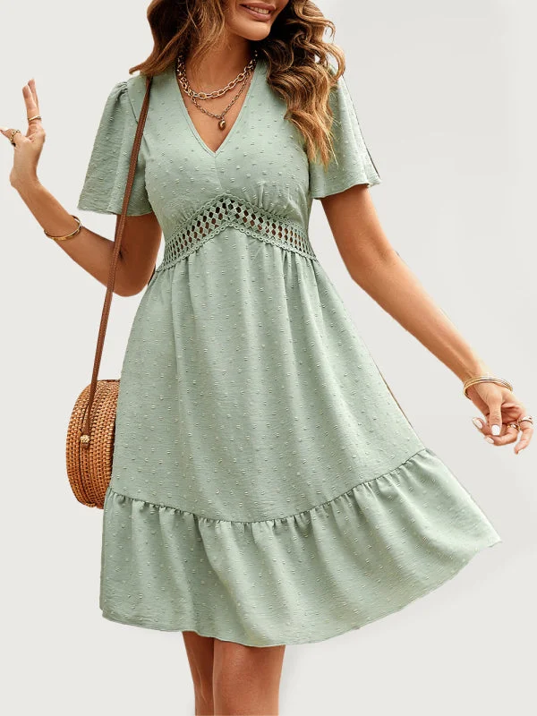 Women's Lace Stitching V-neck Solid Color Ruffle Sleeve Dress Tunics Gym athletic