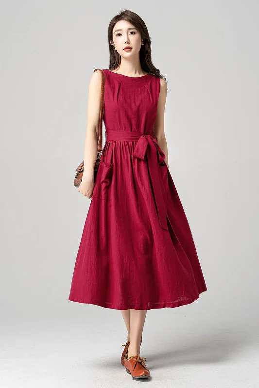 Red Sleeveless Midi Linen Dress 4190 Tunics Formal black