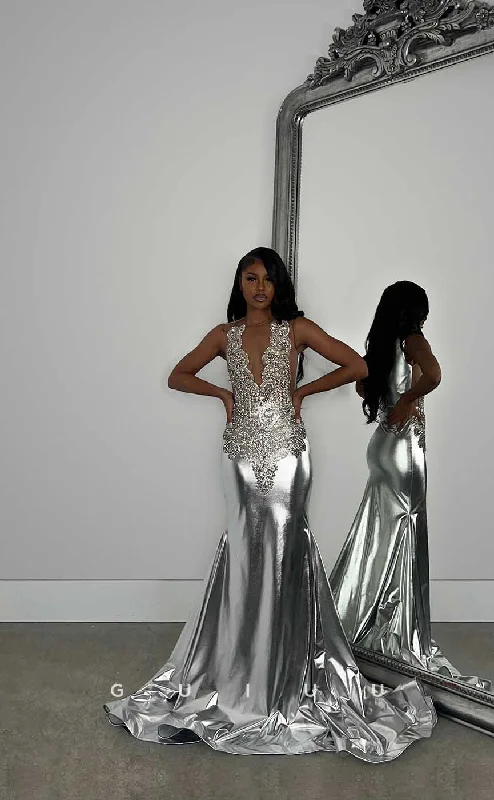 G4421 - Unique Mermaid V Neck Straps Crystal Sleeveless Prom Party Dress for Black Girl Slay Tunics Occasion special