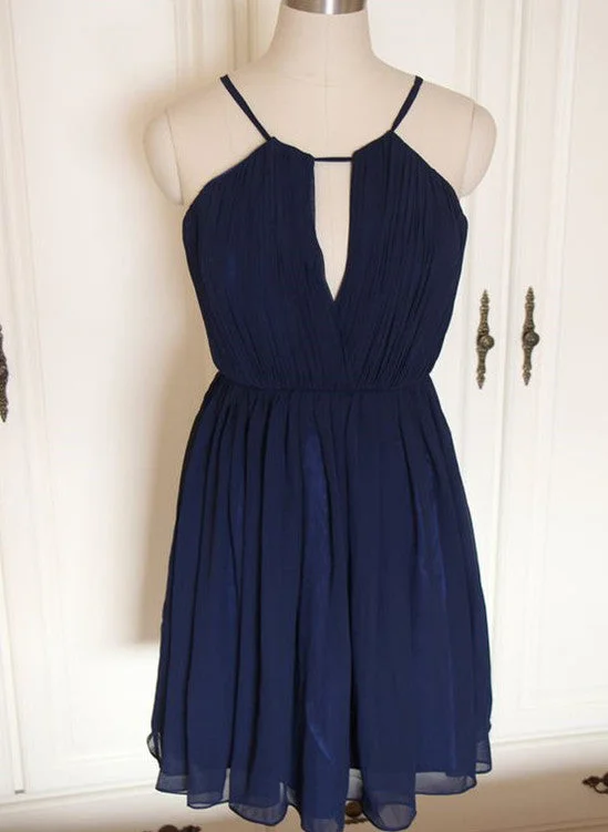 Lovely Navy Blue Chiffon Short Bridesmaid Dress, Cute Party Dress, Blue Wedding Party Dress Peplum Ruffle Cocktail Lovely Navy Blue Chiffon Short Bridesmaid Dress, Cute Party Dress, Blue Wedding Party Dress Peplum Ruffle Cocktail