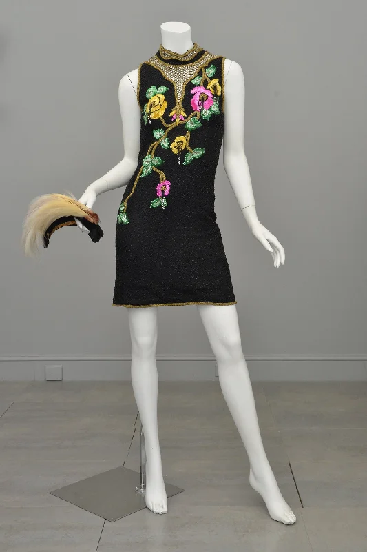 1960s Black Sequin 3D Beaded Tassels Keyhole Mini Party Dress Tunics Review highly