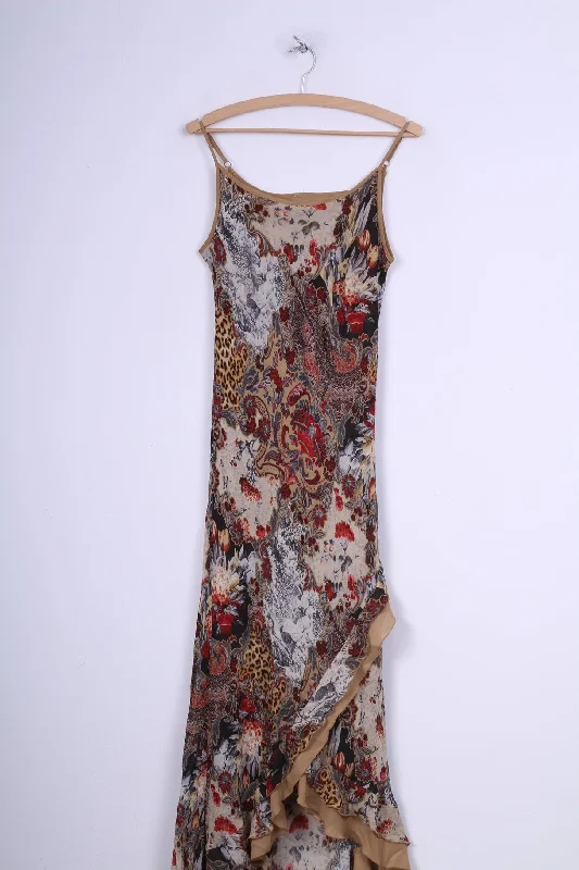 C&A Womens 14 L Long Dress Multi Printed Brown Flounce Spaghetti Straps Brown Tunics Corduroy durable
