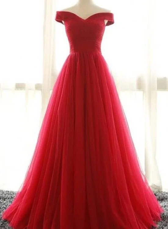 Red Prom Dresses , Charming Off Shoulder Tulle A-line Party Dresses, Evening Gown Shift Classic Vintage Red Prom Dresses , Charming Off Shoulder Tulle A-line Party Dresses, Evening Gown Shift Classic Vintage