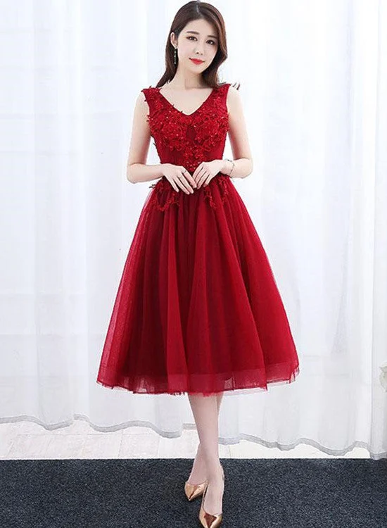 Wine Red Vintage Tea Length Homecoming Dresses, Charming Tulle V-neckline Party Dresses Tunics Handmade artisanal Wine Red Vintage Tea Length Homecoming Dresses, Charming Tulle V-neckline Party Dresses Tunics Handmade artisanal