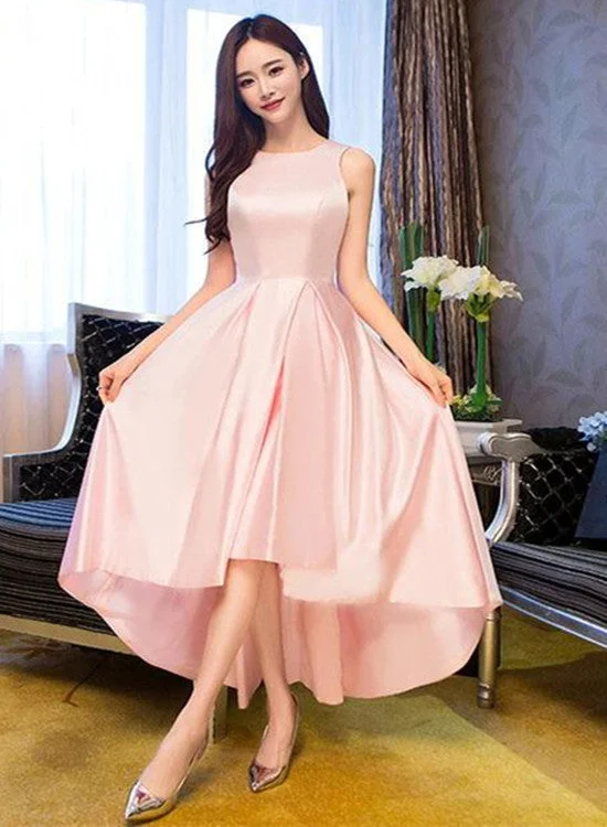 Light Pink Round Neckline High Low Simple Party Dress, Pink New Style Homecoming Dress Tunics Lace romantic