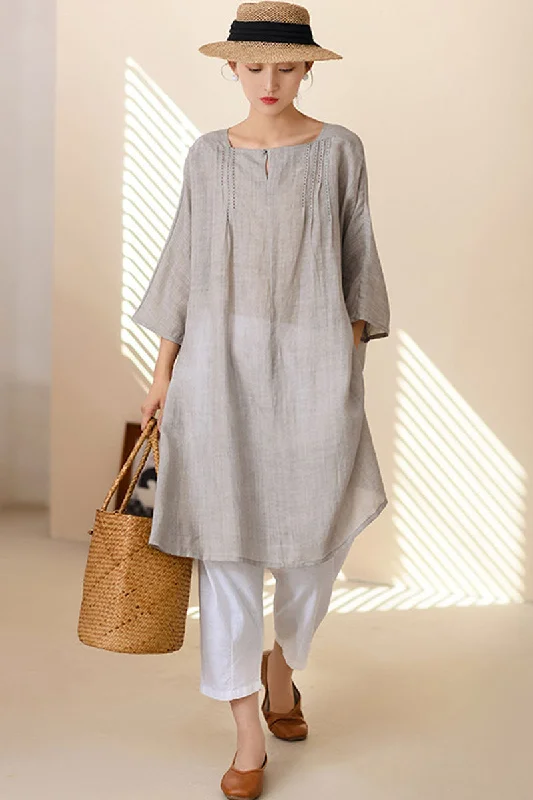 summer loose fitting linen tunic dress 4308 Tunics Luxurious high-end