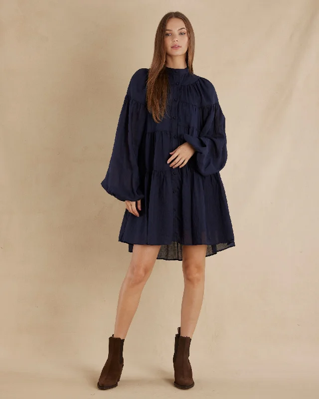 Isabelle Ramie Tiered Mini Dress - Navy Chic Pleated Mini Dress