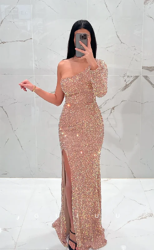 G4515 - Chic & Modern Column One Shoulder Sleeves Allover Beaded High Side Slit Long Prom Party Dress Crew Neckline Casual G4515 - Chic & Modern Column One Shoulder Sleeves Allover Beaded High Side Slit Long Prom Party Dress Crew Neckline Casual