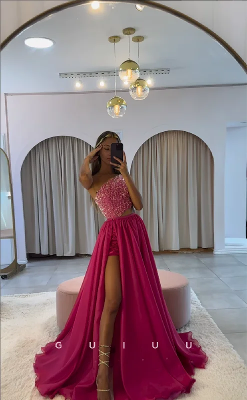 G4407 - Chic & Modern A-Line Detachable One Shoulder Stain Beaded Sleeveless Long Prom Party Dress with Slit Tunics Versatile stylish