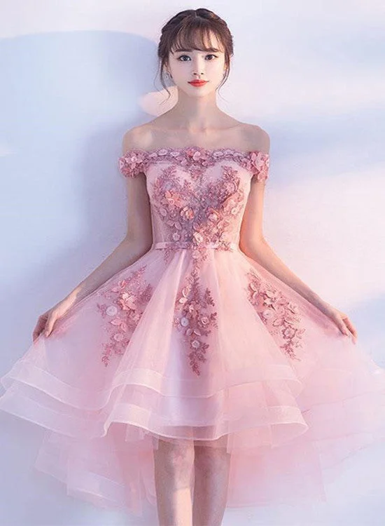 Pink Off Shoulder Tulle High Low Homecoming Dresses, Lovely Party Dress Tunics Running lightweight