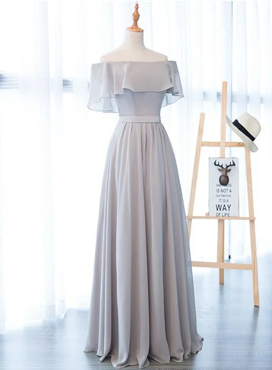 Beautiful Long Grey Chiffon Off Shoulder Bridesmaid Dress, New Style Wedding Party Dress Shift Classic Vintage