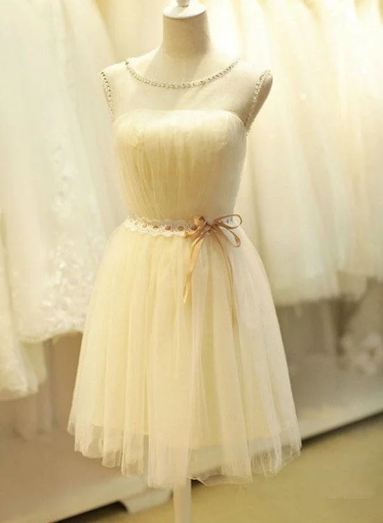 Lovely Champagne Tulle Round Neckline Party Dress, Cute Teen Formal Dress Tunics Short Trendy