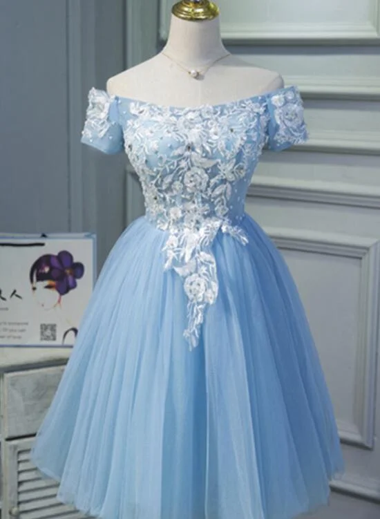Light Blue Tulle Homecoming Dress,Appliques Graduation Dress , Off Shoulder Party Dress Tunics Office stylish Light Blue Tulle Homecoming Dress,Appliques Graduation Dress , Off Shoulder Party Dress Tunics Office stylish