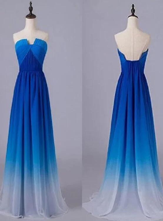 Beautiful Blue Gradient Long Chiffon Party Dress, A-line Junior Prom Dress Pencil Length Work