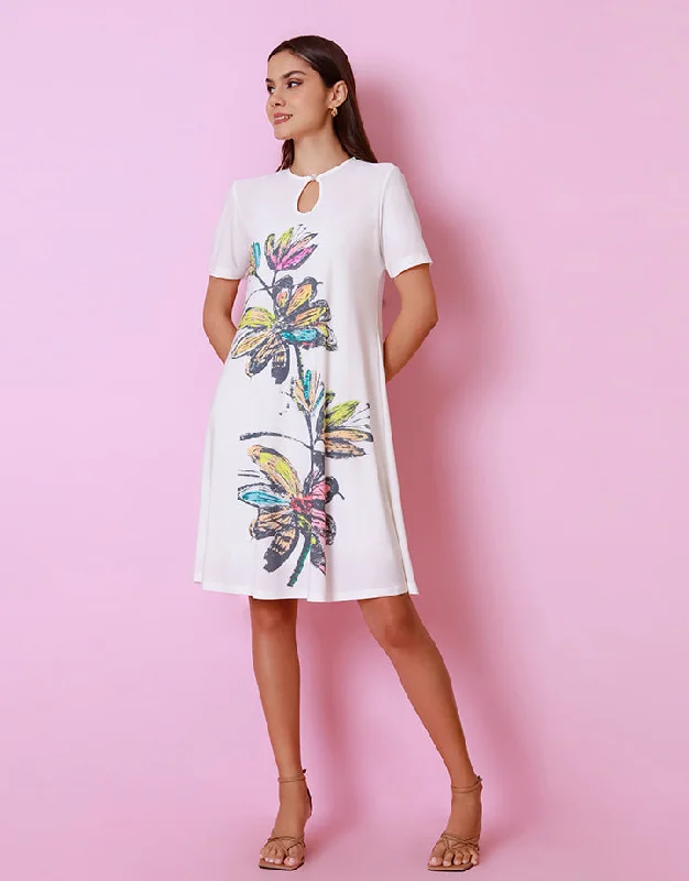White Keyhole Opening Dress with Screen Print Tunics Timeless classic