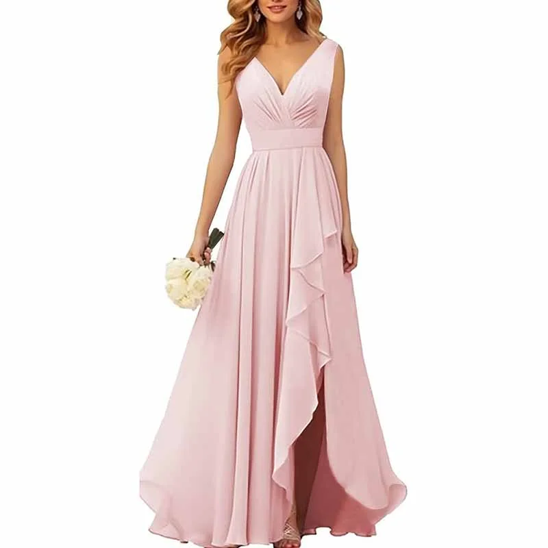 Chiffon Bridesmaid Dresses with Slit Ruffle Pleated Formal Prom Party Dress Tunics Office stylish Chiffon Bridesmaid Dresses with Slit Ruffle Pleated Formal Prom Party Dress Tunics Office stylish
