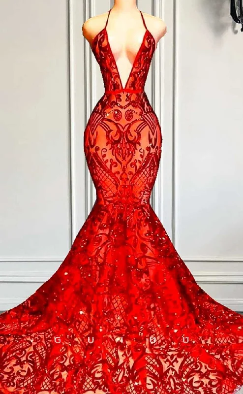 G4585 - Sexy & Hot Mermaid Deep V Neck Halter Fully Sequined Prom Party Dress with Train Tunics Sophisticated sleek G4585 - Sexy & Hot Mermaid Deep V Neck Halter Fully Sequined Prom Party Dress with Train Tunics Sophisticated sleek