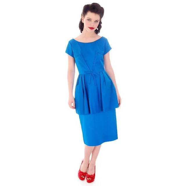 Hello, Tomorrow 1950s Party Dress / MCM /Electric Blue 50s Cocktail Wiggle Dress Peplum Hobble Dress S Tunics Denim casual Hello, Tomorrow 1950s Party Dress / MCM /Electric Blue 50s Cocktail Wiggle Dress Peplum Hobble Dress S Tunics Denim casual