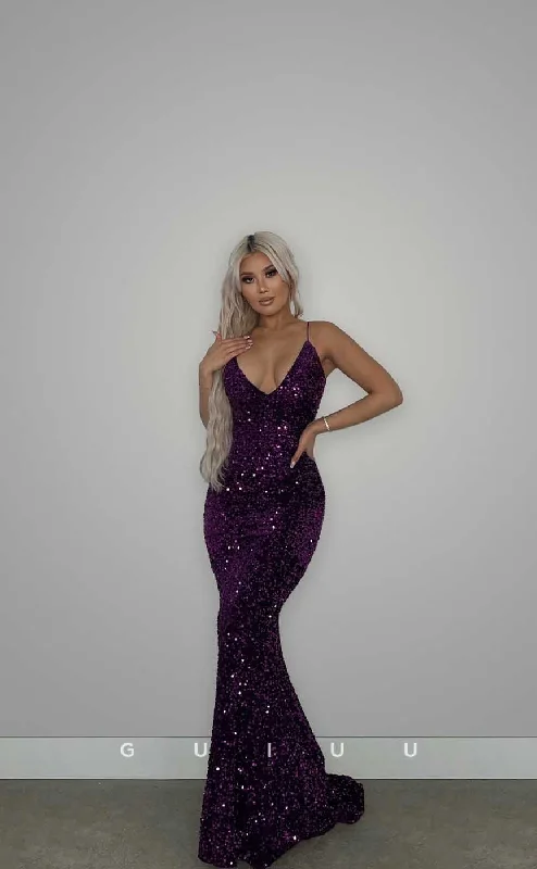 G4427 - Glamorous Mermaid V Neck Spaghetti Straps Fully Sequined Open Back Long Prom Party Dress for Black Women Slay Tunics Travel practical