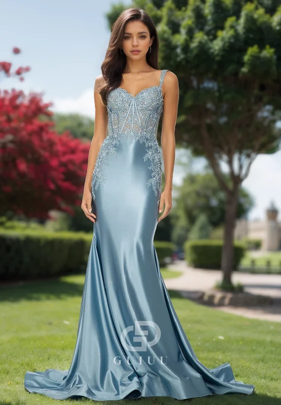 Mist Spaghetti Straps Scoop Prom Dress with Train Appliques Evening Party Dress empire Waist empire Mist Spaghetti Straps Scoop Prom Dress with Train Appliques Evening Party Dress empire Waist empire