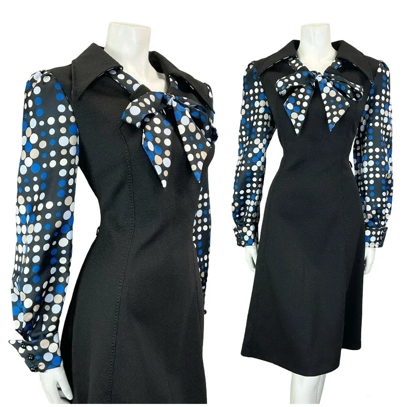 VTG 70S BLACK BLUE CREAM WHITE WING COLLAR PUSSYBOW GEOMETRIC DOT DRESS 10 Tunics Occasion special VTG 70S BLACK BLUE CREAM WHITE WING COLLAR PUSSYBOW GEOMETRIC DOT DRESS 10 Tunics Occasion special