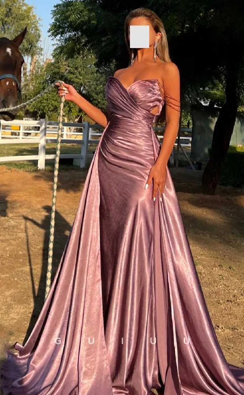 G4523 - Elegant Mermaid Sheath Strapless Sleeveless Pink Stain Pleats Prom Party Dress with Train Square Neckline Feminine G4523 - Elegant Mermaid Sheath Strapless Sleeveless Pink Stain Pleats Prom Party Dress with Train Square Neckline Feminine