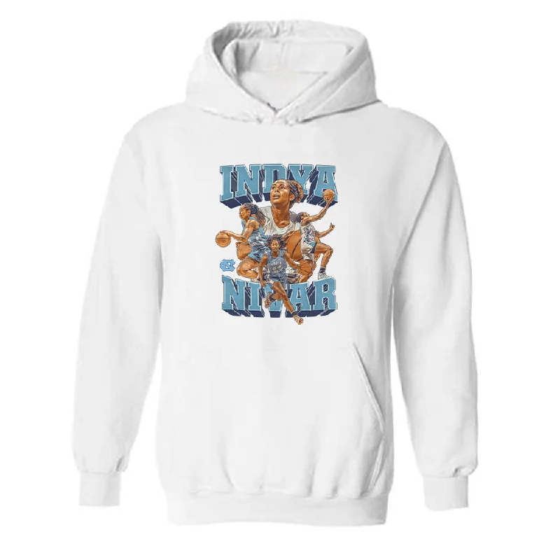 UNC - NCAA Women's Basketball : Indya Nivar - Player Collage Hooded Sweatshirt Hoodie with Hem Drawcord Adjustable Customizable
