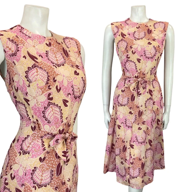 VTG 60S 70S PINK BEIGE WHITE FLORAL PSYCHEDELIC TIE WAIST PLEATED DRESS 10 12 Tunics Sale discount VTG 60S 70S PINK BEIGE WHITE FLORAL PSYCHEDELIC TIE WAIST PLEATED DRESS 10 12 Tunics Sale discount