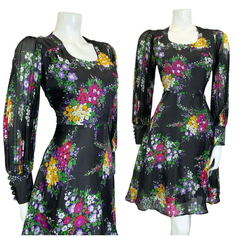VTG 60S 70S BLACK PURPLE PINK YELLOW WHITE GREEN FLORAL PLEATED A LINE DRESS 10 Tunics Brand named VTG 60S 70S BLACK PURPLE PINK YELLOW WHITE GREEN FLORAL PLEATED A LINE DRESS 10 Tunics Brand named