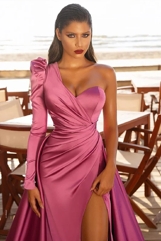 Sexy One Shoulder Satin Evening Maxi Gowns with Sweep Train Side Split Party Dress High-Low Hemline Casual Sexy One Shoulder Satin Evening Maxi Gowns with Sweep Train Side Split Party Dress High-Low Hemline Casual